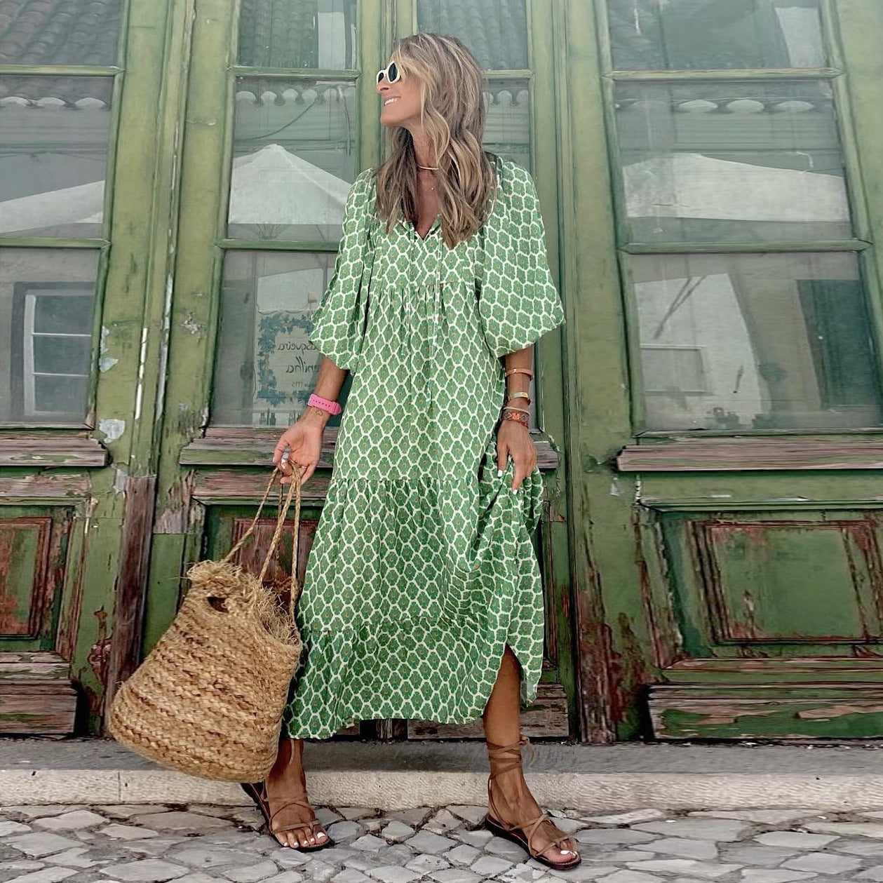 New Geometric Collage Puff Sleeve Dress Street Plus Size Women Clothing