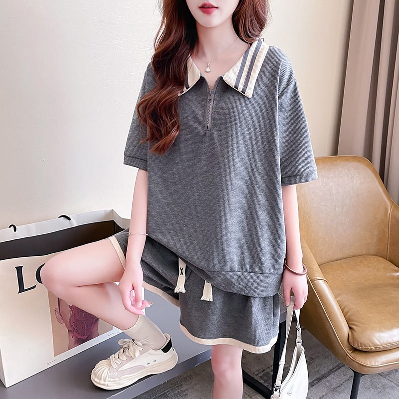 Waffle Knit Casual Set Women's Half-Zip Solid Color Polo Collar Sports Student Plus Size Clothing