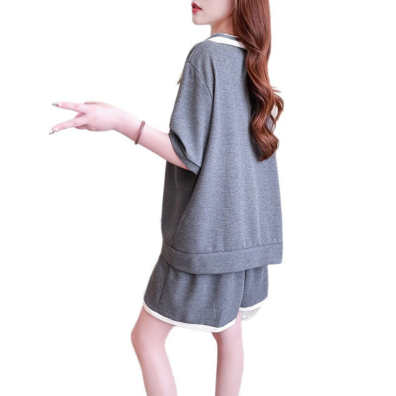 Waffle Knit Casual Set Women's Half-Zip Solid Color Polo Collar Sports Student Plus Size Clothing