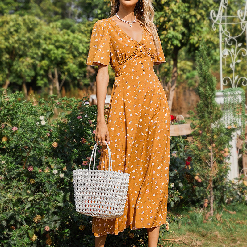 Sexy Sweet Dress Ladies Floral Hot Mom Print Tea Break Waist Light Luxury Skirt