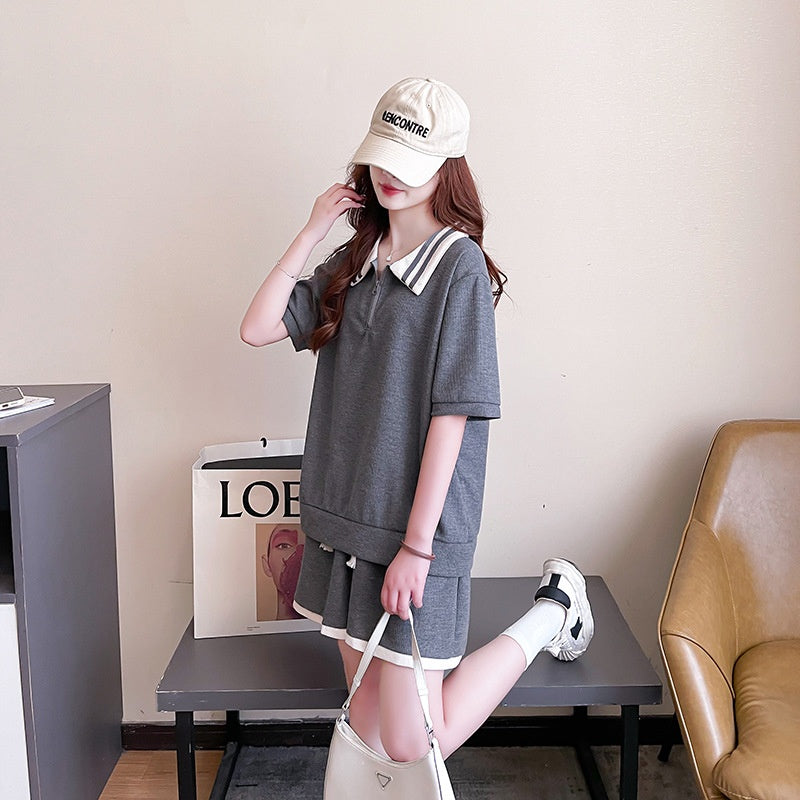 Waffle Knit Casual Set Women's Half-Zip Solid Color Polo Collar Sports Student Plus Size Clothing