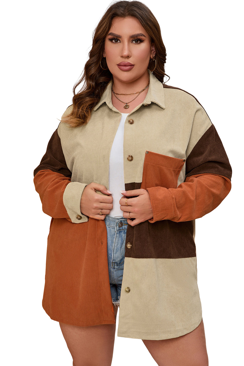 Brown Corduroy Colorblock Pocket Plus Size Jacket