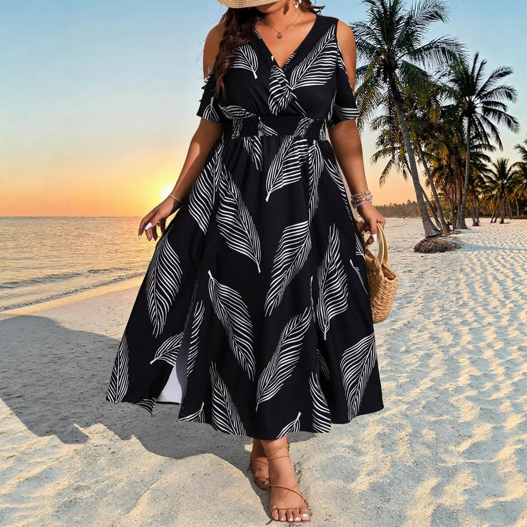 Printed resort-style bohemian plus-size sexy slit dress for women