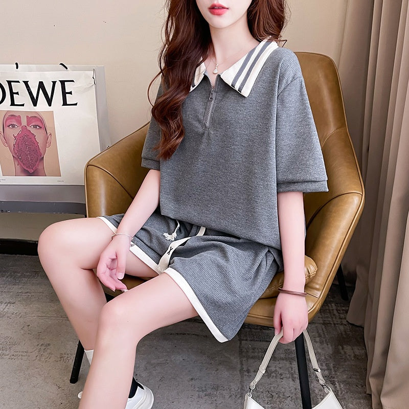Waffle Knit Casual Set Women's Half-Zip Solid Color Polo Collar Sports Student Plus Size Clothing